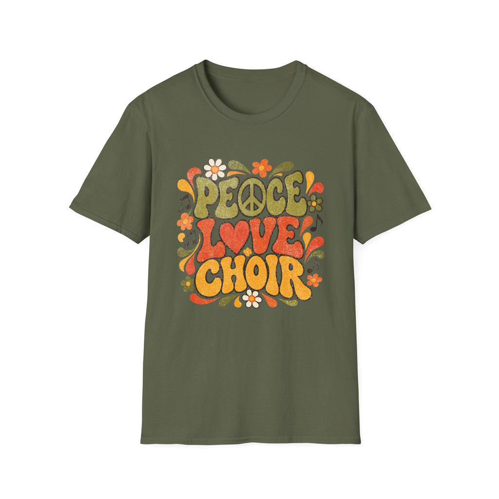 Peace Love Choir T-Shirt | Retro 70s Floral Music Design
